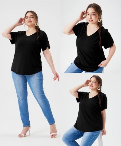 Plus Size Tops for Women Summer Button Short Sleeve Shirts Ruffle Blouse Tunics (XL-5XL) 676-black $12.96 Blouses