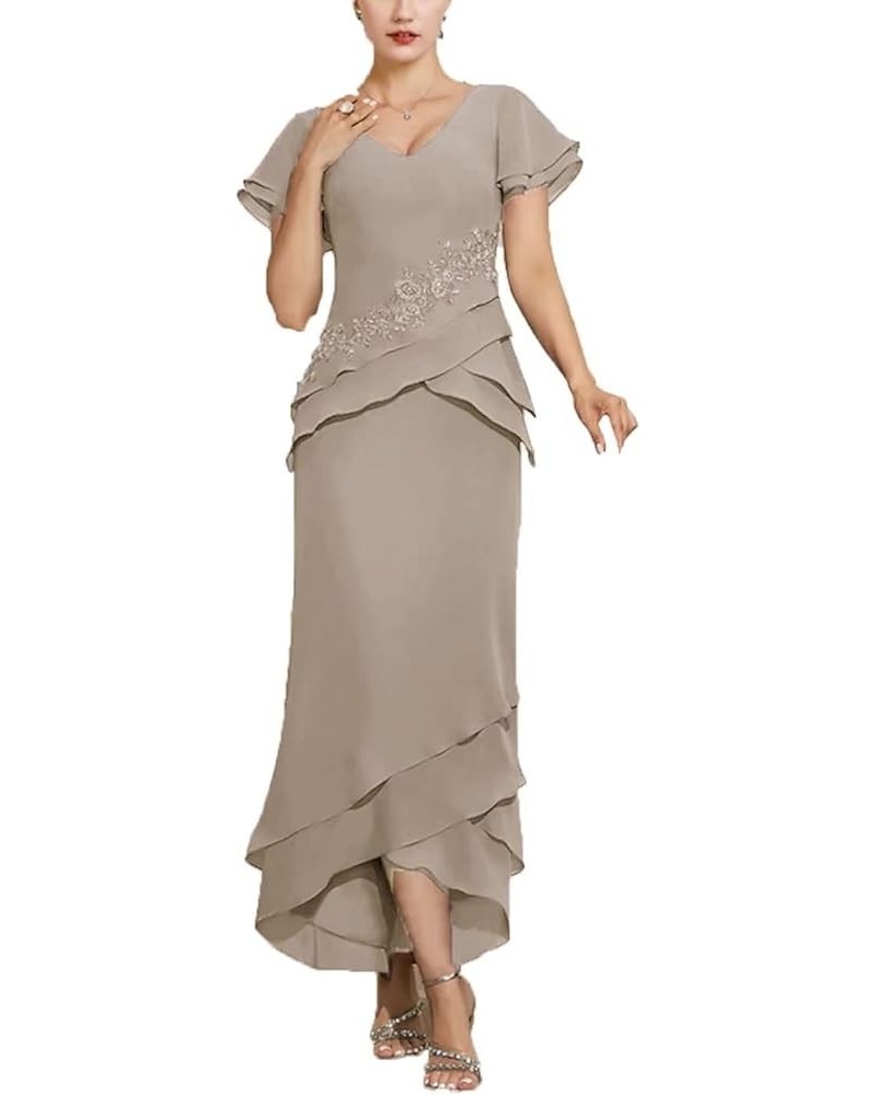 Applique Mother of The Bride Dresses with Short Sleeve Long Formal Dress for Wedding Guest Taupe $42.49 Dresses