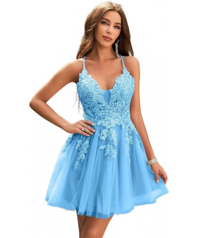 Homecoming Dress Short 2023 Tulle Spaghetti Straps V-Neck A-Line Lace Appliques Prom Dresses for Teens Sky Blue $40.50 Dresses