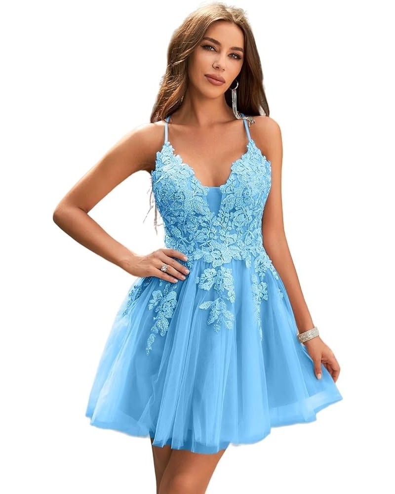 Homecoming Dress Short 2023 Tulle Spaghetti Straps V-Neck A-Line Lace Appliques Prom Dresses for Teens Sky Blue $40.50 Dresses