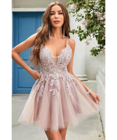 Homecoming Dress Short 2023 Tulle Spaghetti Straps V-Neck A-Line Lace Appliques Prom Dresses for Teens Sky Blue $40.50 Dresses