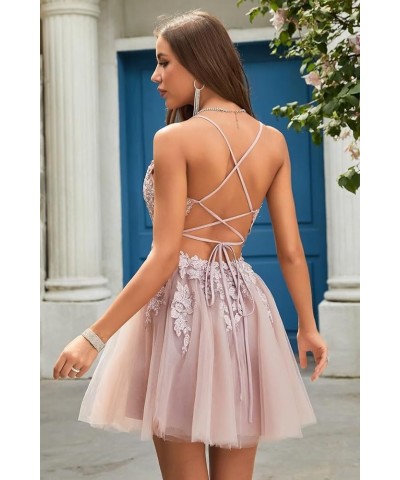 Homecoming Dress Short 2023 Tulle Spaghetti Straps V-Neck A-Line Lace Appliques Prom Dresses for Teens Sky Blue $40.50 Dresses