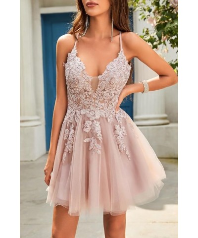 Homecoming Dress Short 2023 Tulle Spaghetti Straps V-Neck A-Line Lace Appliques Prom Dresses for Teens Sky Blue $40.50 Dresses