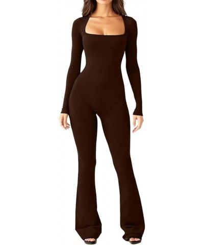 Long Sleeve Jumpsuits for Women Ribbed U Neck Casual Yoga Bodysuits Butt Lifting Tights Sexy Playsuit Shapewear 09_brown $12....