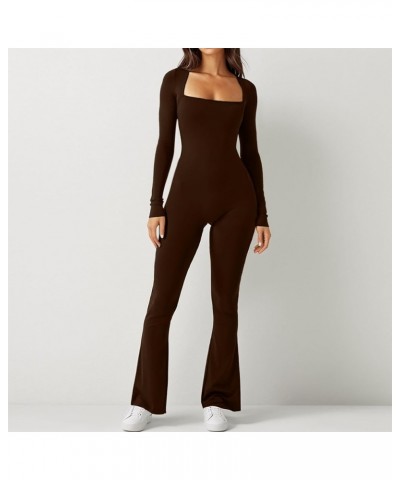 Long Sleeve Jumpsuits for Women Ribbed U Neck Casual Yoga Bodysuits Butt Lifting Tights Sexy Playsuit Shapewear 09_brown $12....