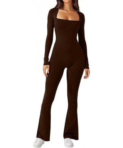 Long Sleeve Jumpsuits for Women Ribbed U Neck Casual Yoga Bodysuits Butt Lifting Tights Sexy Playsuit Shapewear 09_brown $12....