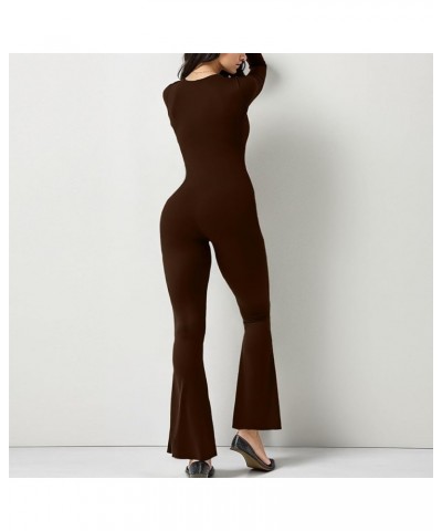 Long Sleeve Jumpsuits for Women Ribbed U Neck Casual Yoga Bodysuits Butt Lifting Tights Sexy Playsuit Shapewear 09_brown $12....