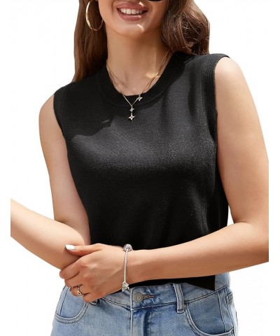 Women's Sleeveless Round Neck Sweater Vest Crop Sweater Top Soild Knitted Vest Sweater Black $12.90 Sweaters