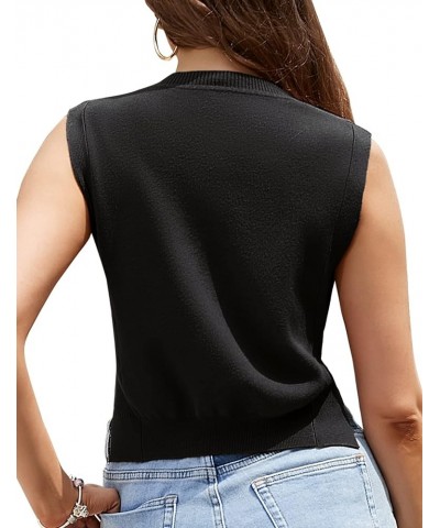 Women's Sleeveless Round Neck Sweater Vest Crop Sweater Top Soild Knitted Vest Sweater Black $12.90 Sweaters