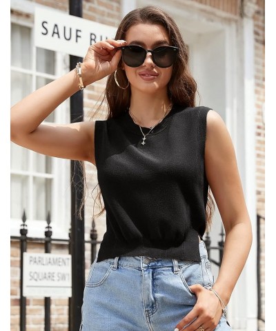 Women's Sleeveless Round Neck Sweater Vest Crop Sweater Top Soild Knitted Vest Sweater Black $12.90 Sweaters