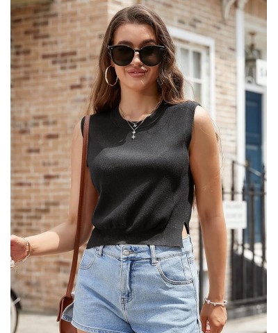 Women's Sleeveless Round Neck Sweater Vest Crop Sweater Top Soild Knitted Vest Sweater Black $12.90 Sweaters