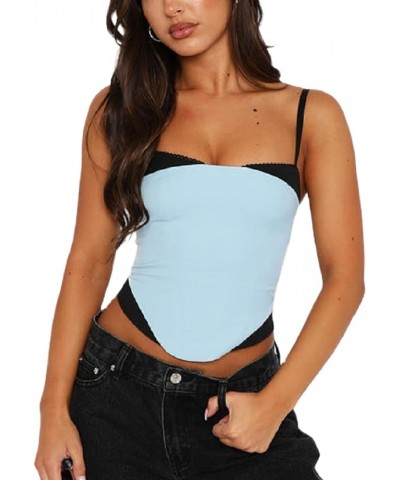 Women Y2k Lace Patchwork Sheer Mesh Camis Ruched See Though Spaghetti Strap Top Slim Fit Crop Camisole Vests F-blue Six $7.55...