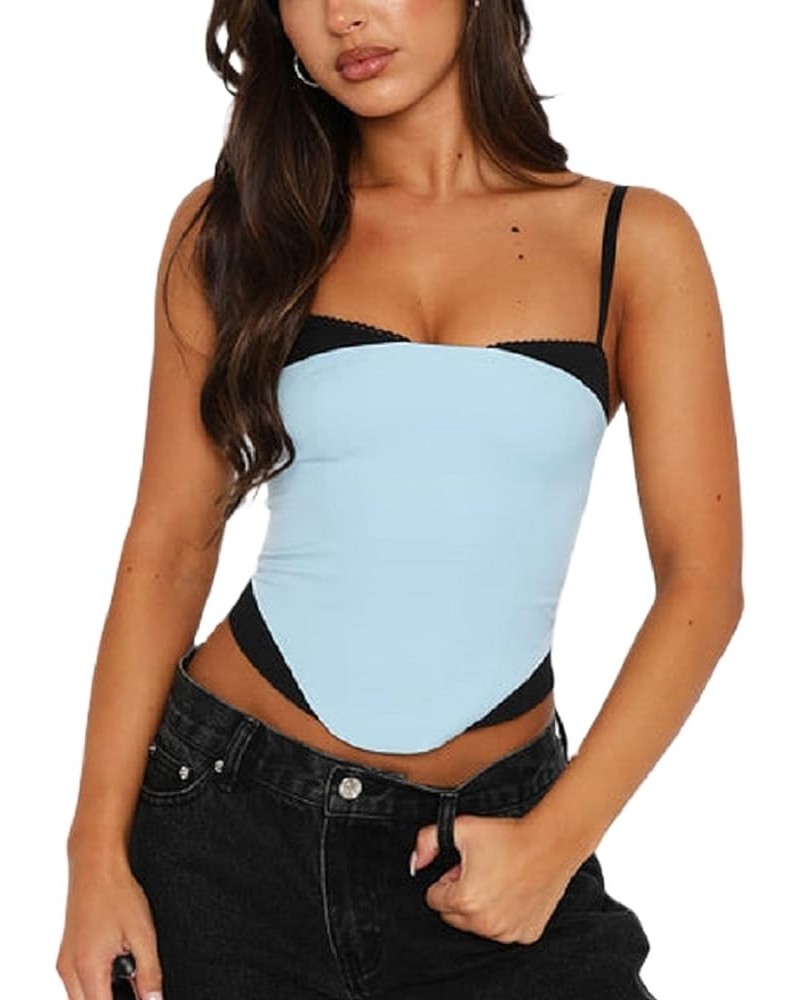 Women Y2k Lace Patchwork Sheer Mesh Camis Ruched See Though Spaghetti Strap Top Slim Fit Crop Camisole Vests F-blue Six $7.55...