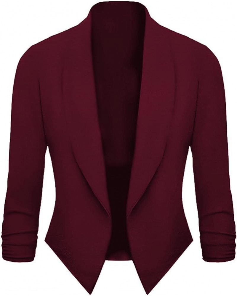 Women's Open Front Shawl Collar Ruched 3/4 Sleeve Casual Cardigan Jacket Work Office Blazer Wine Red $13.94 Blazers