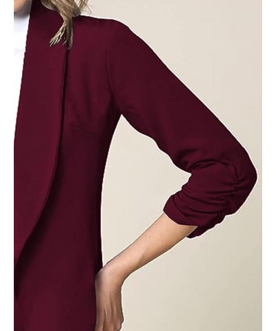 Women's Open Front Shawl Collar Ruched 3/4 Sleeve Casual Cardigan Jacket Work Office Blazer Wine Red $13.94 Blazers