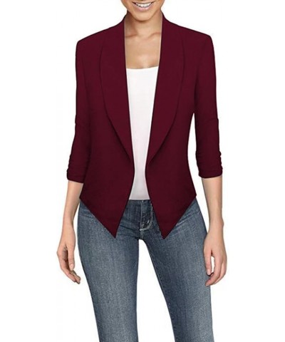 Women's Open Front Shawl Collar Ruched 3/4 Sleeve Casual Cardigan Jacket Work Office Blazer Wine Red $13.94 Blazers