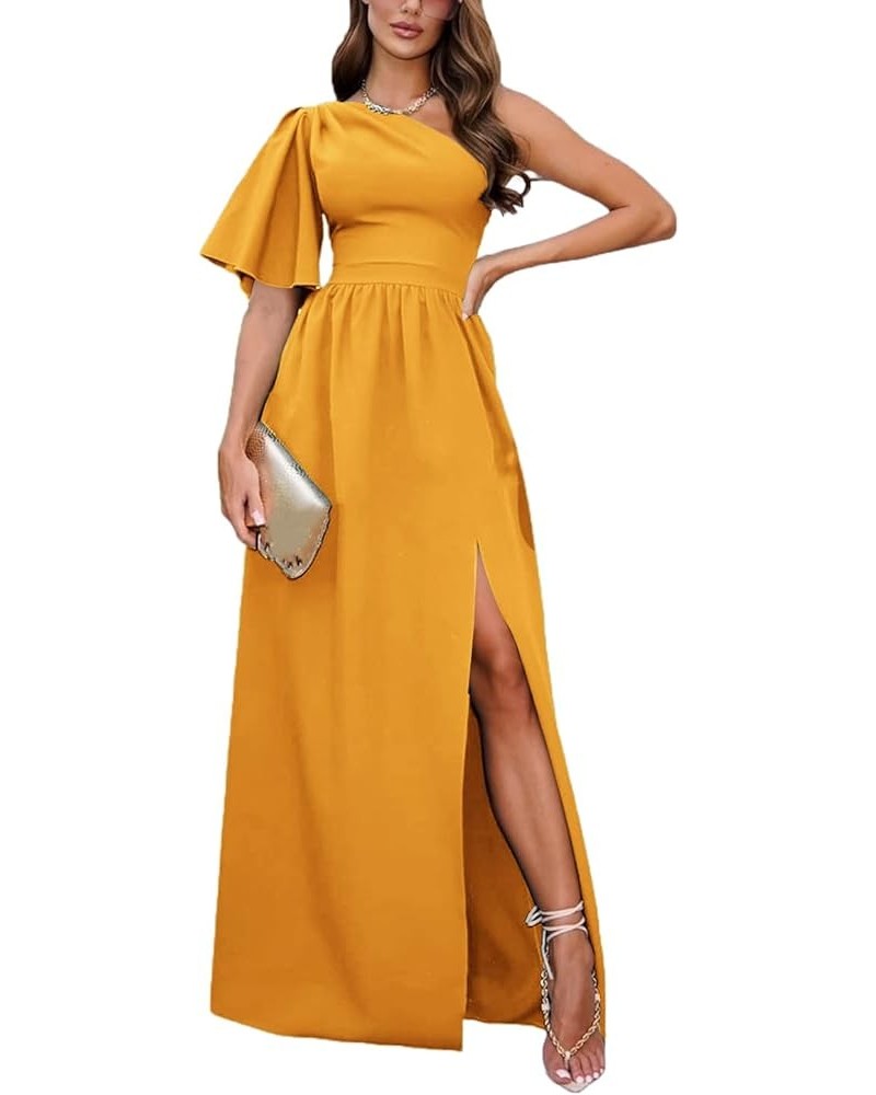 Women's One Shoulder Ruffle Short Sleeve Split A Line Cocktail Long Maxi Dress Solid Ginger $27.44 Dresses