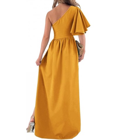 Women's One Shoulder Ruffle Short Sleeve Split A Line Cocktail Long Maxi Dress Solid Ginger $27.44 Dresses