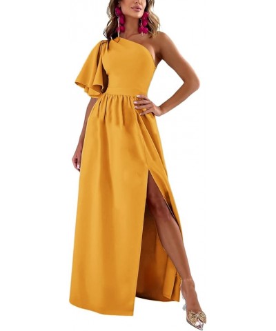 Women's One Shoulder Ruffle Short Sleeve Split A Line Cocktail Long Maxi Dress Solid Ginger $27.44 Dresses