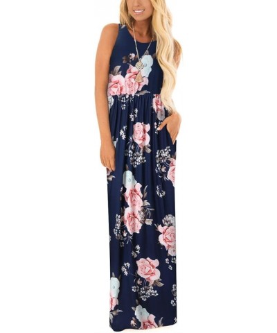 Women Racerback Floral Loose Swing Casual Tunic Beach Long Sleeveless Maxi Dresses with Pockets 12 Navy Flower $18.69 Dresses