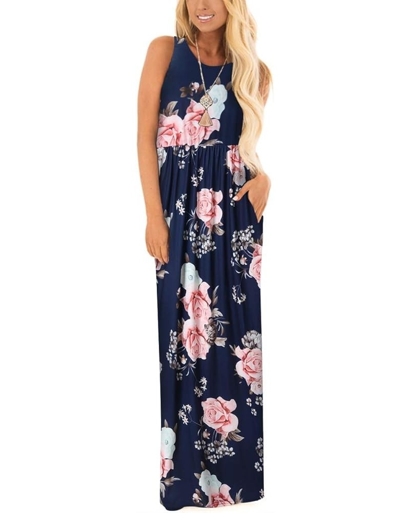 Women Racerback Floral Loose Swing Casual Tunic Beach Long Sleeveless Maxi Dresses with Pockets 12 Navy Flower $18.69 Dresses