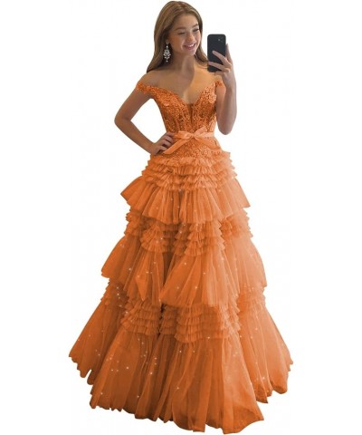 Tiered Glitter Tulle Prom Dresses for Women Long Ball Gown Off Shoulder Lace Formal Evening Gown Orange $58.50 Dresses