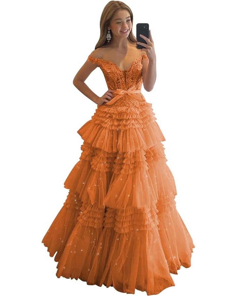 Tiered Glitter Tulle Prom Dresses for Women Long Ball Gown Off Shoulder Lace Formal Evening Gown Orange $58.50 Dresses