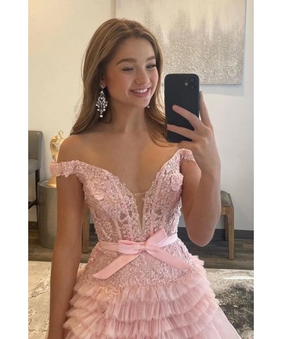 Tiered Glitter Tulle Prom Dresses for Women Long Ball Gown Off Shoulder Lace Formal Evening Gown Orange $58.50 Dresses