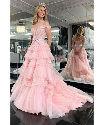 Tiered Glitter Tulle Prom Dresses for Women Long Ball Gown Off Shoulder Lace Formal Evening Gown Orange $58.50 Dresses