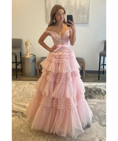 Tiered Glitter Tulle Prom Dresses for Women Long Ball Gown Off Shoulder Lace Formal Evening Gown Orange $58.50 Dresses