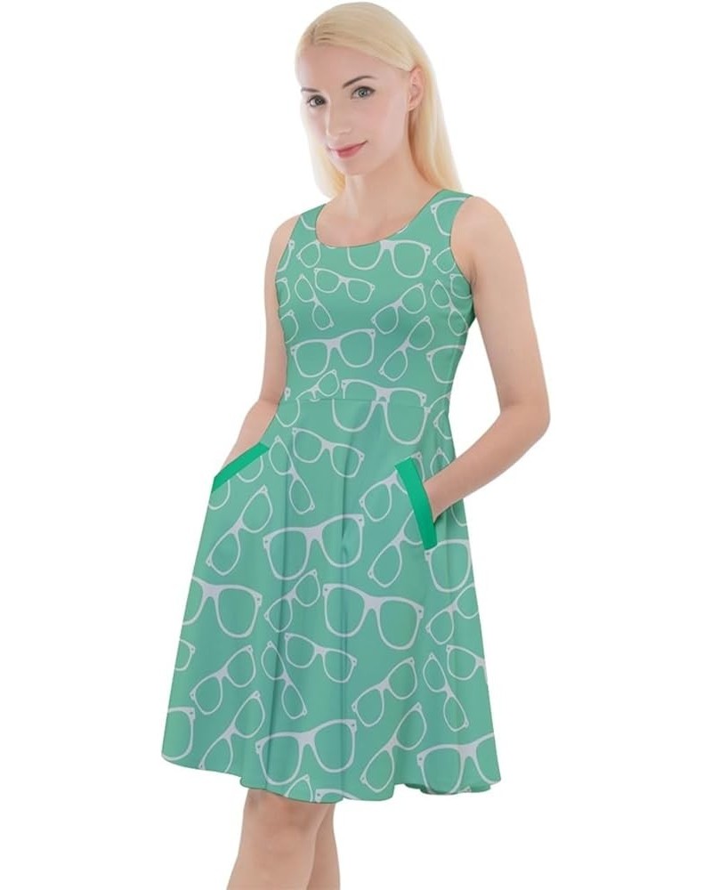 Womens Knee Length Skater Dress with Pockets Glasses Retro Sunglasses Sleeveless Skater Dress, XS-5XL Mint 2 $17.39 Others