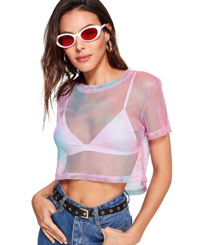 Women's Sexy Sheer Mesh Fishnet Net Short Sleeve T-Shirt Crop Top Pink $13.99 Others