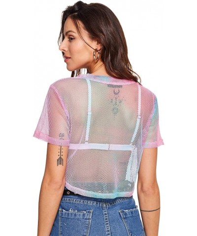 Women's Sexy Sheer Mesh Fishnet Net Short Sleeve T-Shirt Crop Top Pink $13.99 Others