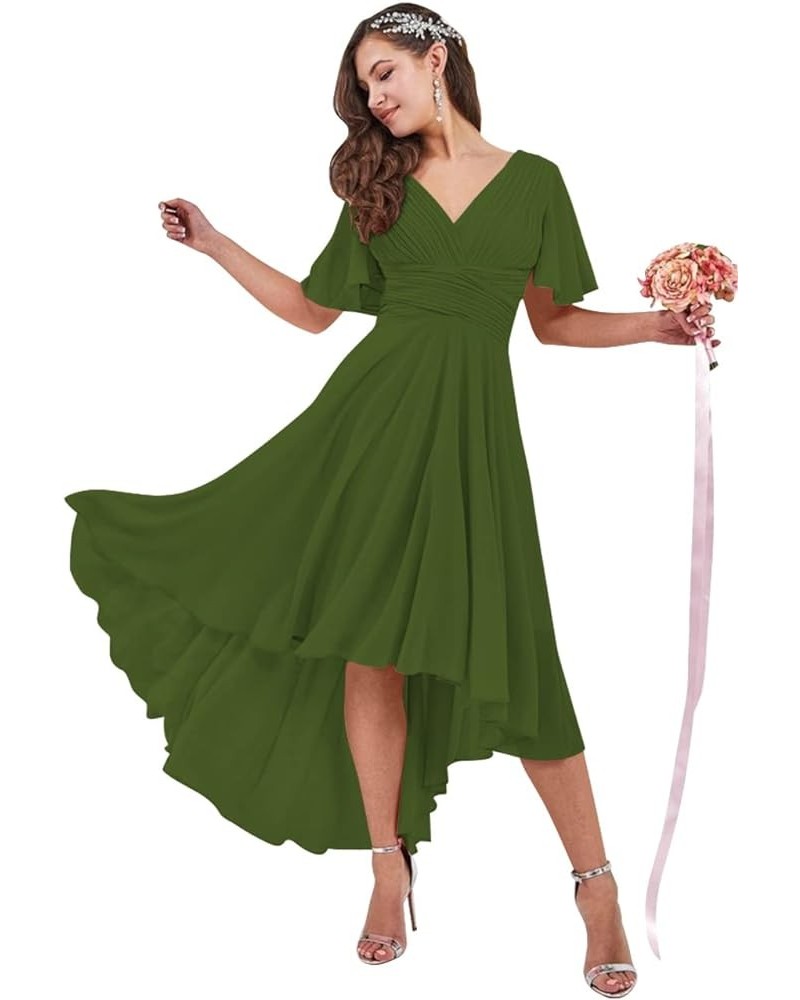 High Low Bridesmaid Dresses for Women 2024 V Neck Short Sleeves Flutter Formal Party Dress with Pockets NB216 Olive Green $23...