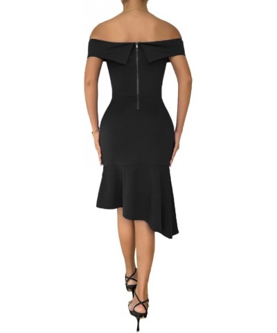 Women's Off Shoulder Ruffle Hem Bodycon Cocktail Formal Midi Dress Solid Black $9.66 Dresses