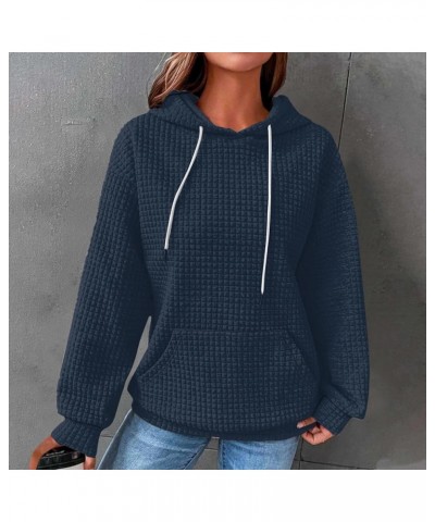 Waffle Hoodie for Women Half Zipper Solid Color with Pockets Drawstring Fall Casual Button Pullover Basic Sweatshirt 05-navy ...