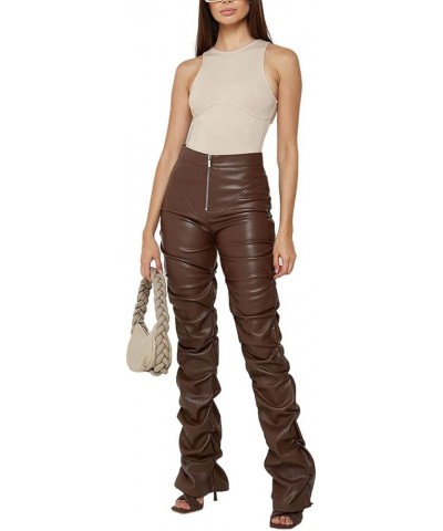 Black Leather Pants for Women High Waist Stacked Pants Leather Leggings Streetwear Club Pants Leggings Pants Brown $18.44 Leg...