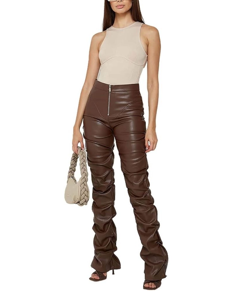 Black Leather Pants for Women High Waist Stacked Pants Leather Leggings Streetwear Club Pants Leggings Pants Brown $18.44 Leg...