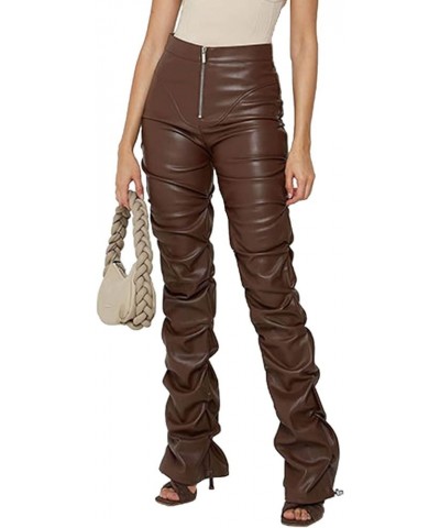 Black Leather Pants for Women High Waist Stacked Pants Leather Leggings Streetwear Club Pants Leggings Pants Brown $18.44 Leg...