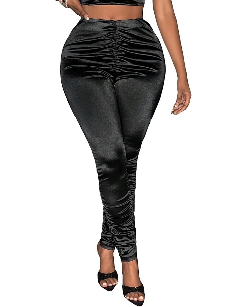 Women's Ruched Elastic High Waisted Casual Solid Skinny Pants Bottoms Black $22.13 Pants