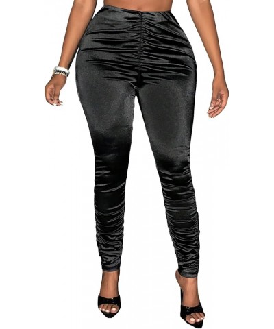 Women's Ruched Elastic High Waisted Casual Solid Skinny Pants Bottoms Black $22.13 Pants