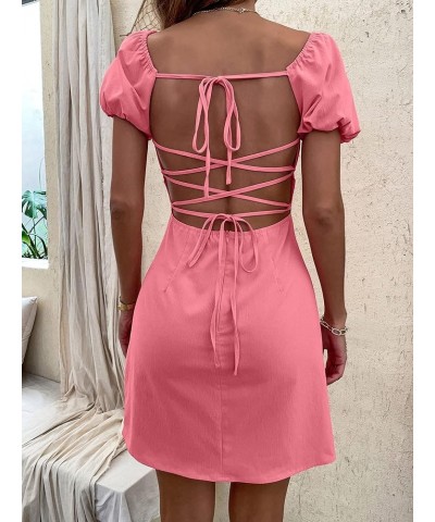 Women's Criss Cross Puff Sleeve Square Neck Ruched Bust Backless Solid Mini Dress Pink $17.15 Dresses