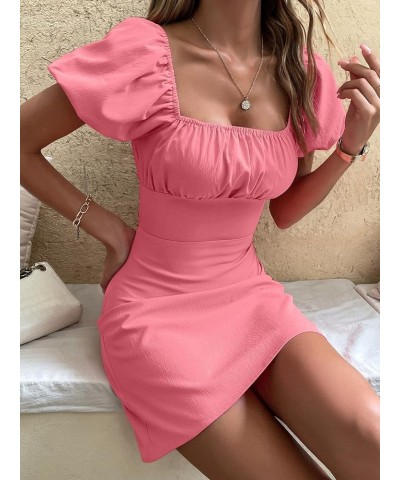 Women's Criss Cross Puff Sleeve Square Neck Ruched Bust Backless Solid Mini Dress Pink $17.15 Dresses