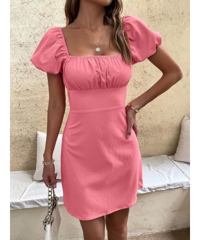 Women's Criss Cross Puff Sleeve Square Neck Ruched Bust Backless Solid Mini Dress Pink $17.15 Dresses