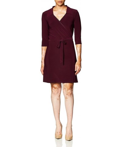 Women's 3/4 Sleeve Faux Wrap Dress with Collar Purple $17.13 Dresses