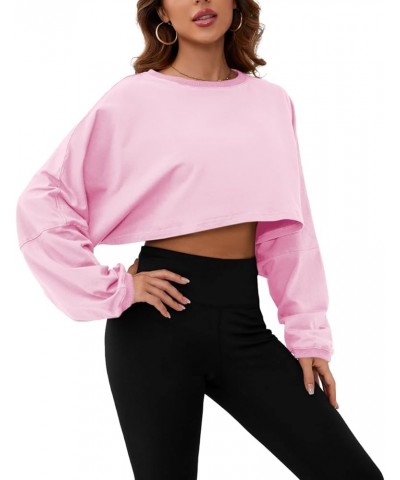 Women Long Sleeve Crewneck Crop Top Tee Shirt Sweatshirt Casual Solid Loose Fit Workout Cropped Pullover Tshirt Baby Pink $18...