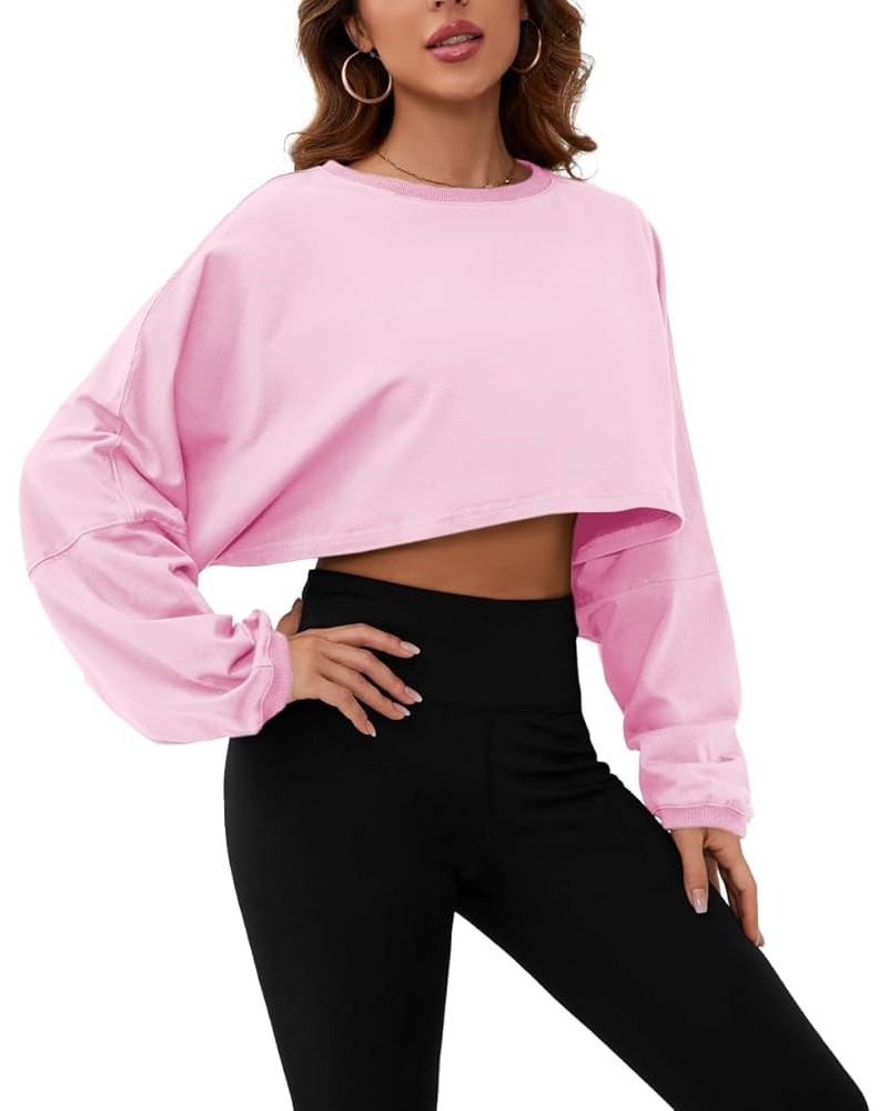 Women Long Sleeve Crewneck Crop Top Tee Shirt Sweatshirt Casual Solid Loose Fit Workout Cropped Pullover Tshirt Baby Pink $18...