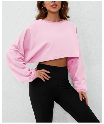 Women Long Sleeve Crewneck Crop Top Tee Shirt Sweatshirt Casual Solid Loose Fit Workout Cropped Pullover Tshirt Baby Pink $18...