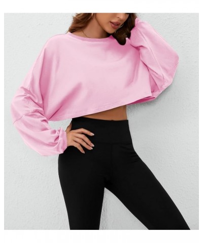 Women Long Sleeve Crewneck Crop Top Tee Shirt Sweatshirt Casual Solid Loose Fit Workout Cropped Pullover Tshirt Baby Pink $18...