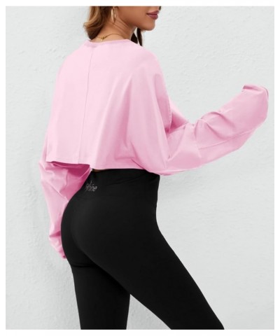 Women Long Sleeve Crewneck Crop Top Tee Shirt Sweatshirt Casual Solid Loose Fit Workout Cropped Pullover Tshirt Baby Pink $18...